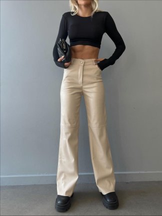 Yumuşak Vegan Deri Cioran Pantolon 0872 - Krem - 4