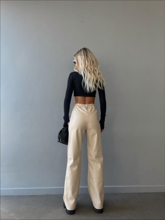 Yumuşak Vegan Deri Cioran Pantolon 0872 - Krem - 5