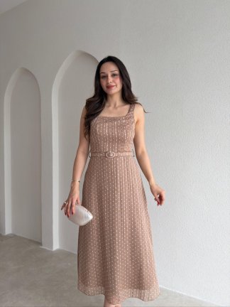  ZELDA Kemerli Midi Elbise 4167 - Vizon - 2