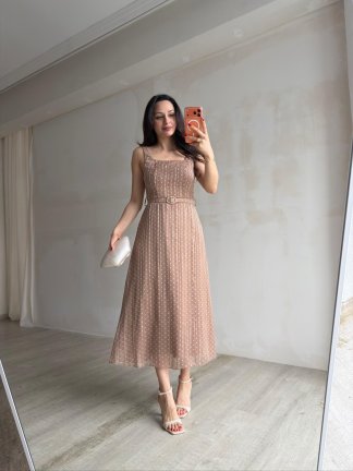  ZELDA Kemerli Midi Elbise 4167 - Vizon - 4