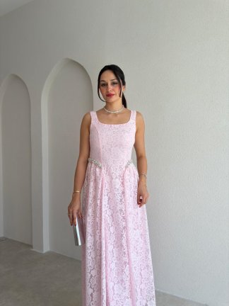 ZENİT Bel Detaylı Maxi Elbise 4025 - Pembe 