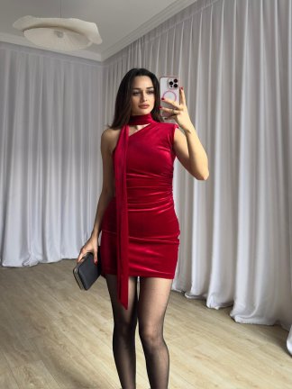 ZEYA Kadife Mini Elbise 8233 - Kırmızı - 1