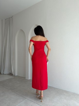 ZİLEY Gül Detaylı Midi Elbise 8117 - Kırmızı - 3