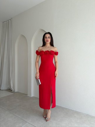 ZİLEY Gül Detaylı Midi Elbise 8117 - Kırmızı - 2