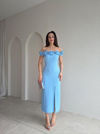 ZİLEY Gül Detaylı Midi Elbise 8117 - Bebe Mavisi - 2