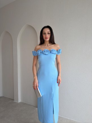 ZİLEY Gül Detaylı Midi Elbise 8117 - Bebe Mavisi 