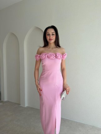 ZİLEY Gül Detaylı Midi Elbise 8117 - Pembe 