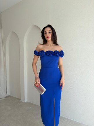 ZİLEY Gül Detaylı Midi Elbise 8117 - Saks Mavisi - 1