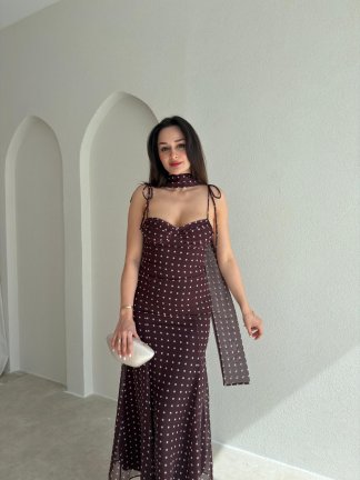 ZOİ Puantiyeli Fularlı Midi Elbise 9063 - Kahverengi - 2