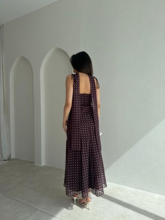 ZOİ Puantiyeli Fularlı Midi Elbise 9063 - Kahverengi - 3