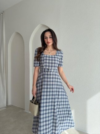 ZONA Ekoseli Midi Elbise 0483 - Gri - 2