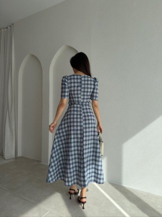 ZONA Ekoseli Midi Elbise 0483 - Gri - 3