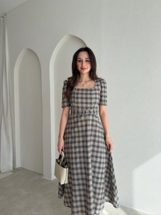 ZONA Ekoseli Midi Elbise 0483 - Acı Kahve - 2