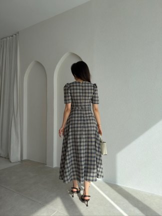 ZONA Ekoseli Midi Elbise 0483 - Acı Kahve - 3