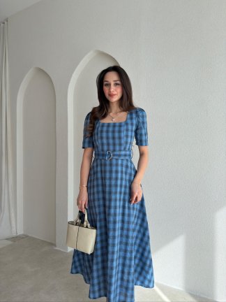 ZONA Ekoseli Midi Elbise 0483 - Mavi - 2