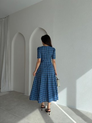 ZONA Ekoseli Midi Elbise 0483 - Mavi - 3