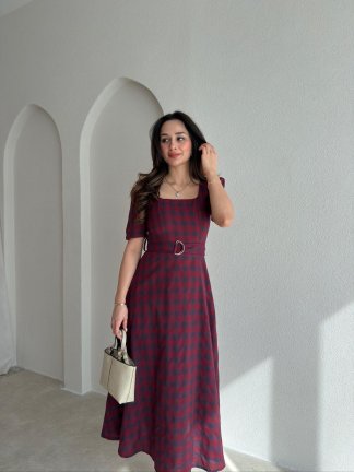 ZONA Ekoseli Midi Elbise 0483 - Bordo - 2