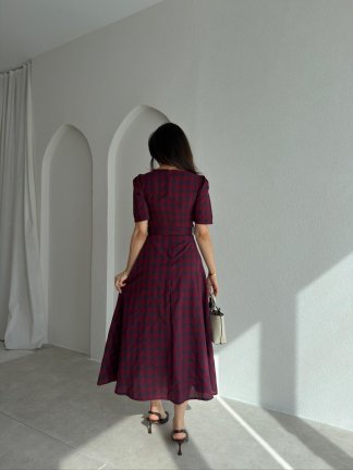 ZONA Ekoseli Midi Elbise 0483 - Bordo - 3