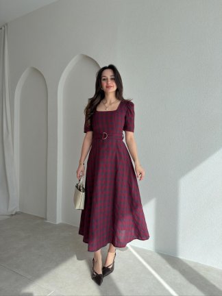 ZONA Ekoseli Midi Elbise 0483 - Bordo - 1