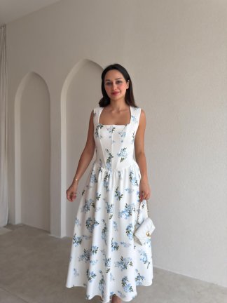 ZOYA Çiçek Desenli Midi Elbise 3701 - Mavi - 2