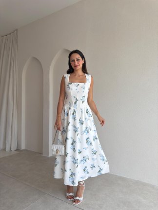 ZOYA Çiçek Desenli Midi Elbise 3701 - Mavi - 1