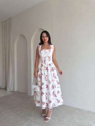 ZOYA Çiçek Desenli Midi Elbise 3701 - Pembe 