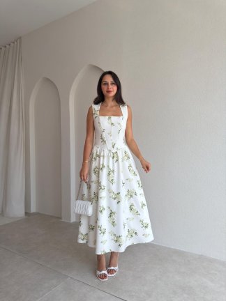 ZOYA Çiçek Desenli Midi Elbise 3701 - Yeşil 