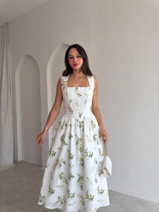 ZOYA Çiçek Desenli Midi Elbise 3701 - Yeşil - 2
