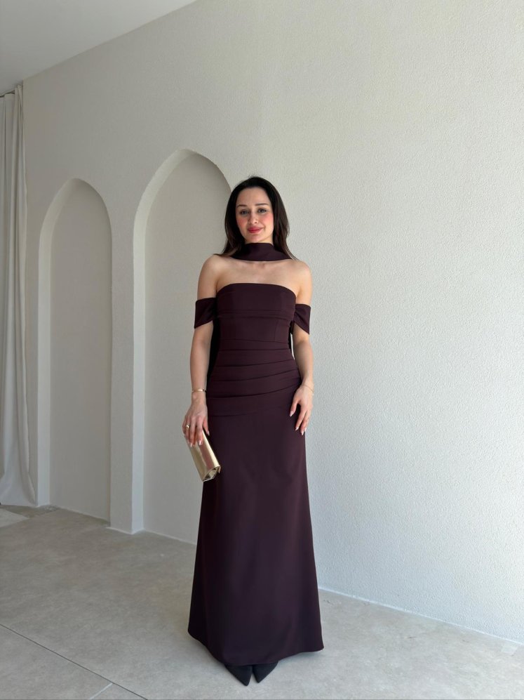  ADOBE Fularlı Maxi Elbise 5496 - Mürdüm - Mooi Butik