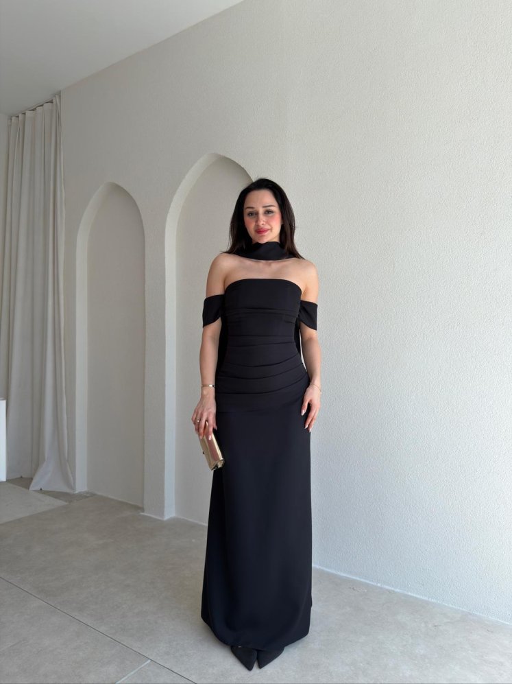 ADOBE Fularlı Maxi Elbise 5496 - Siyah - Mooi Butik