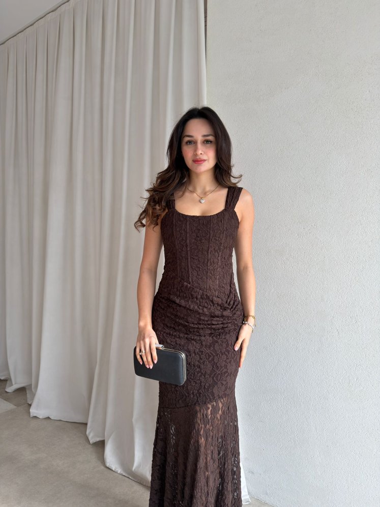 AFTER Maxi Dantelli Elbise 8886 - Acı Kahve - Mooi Butik