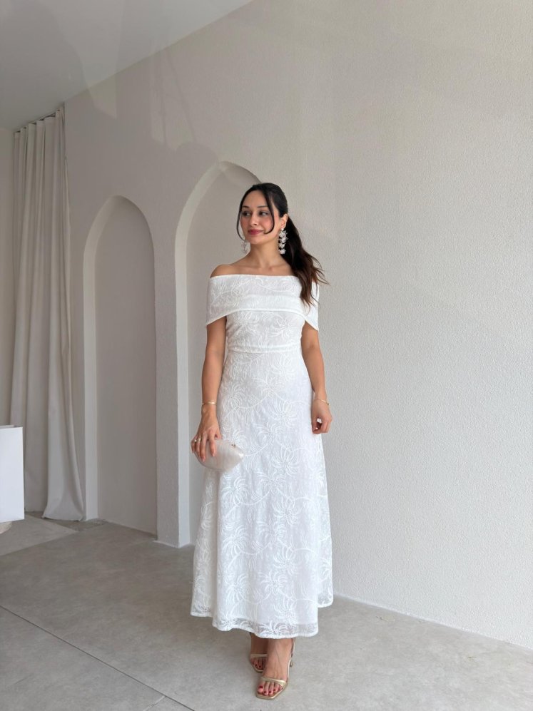 AFYTOS Yaka Detaylı Midi Elbise 3057 - Beyaz - Mooi Butik