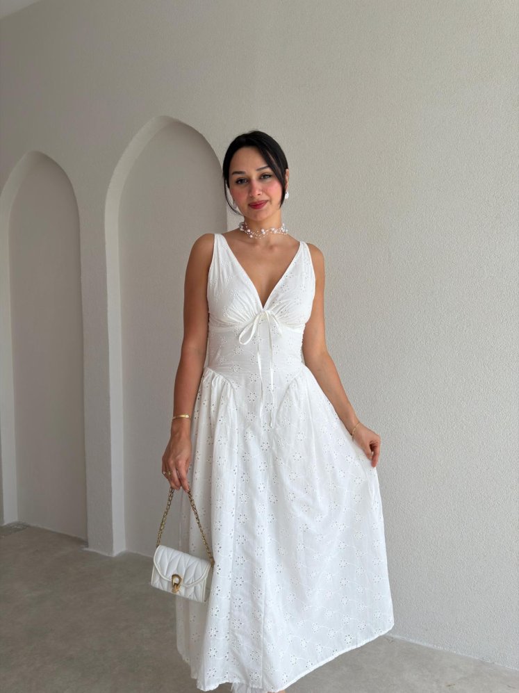AKALİ Midi Fisto Elbise 3696- Beyaz - Mooi Butik