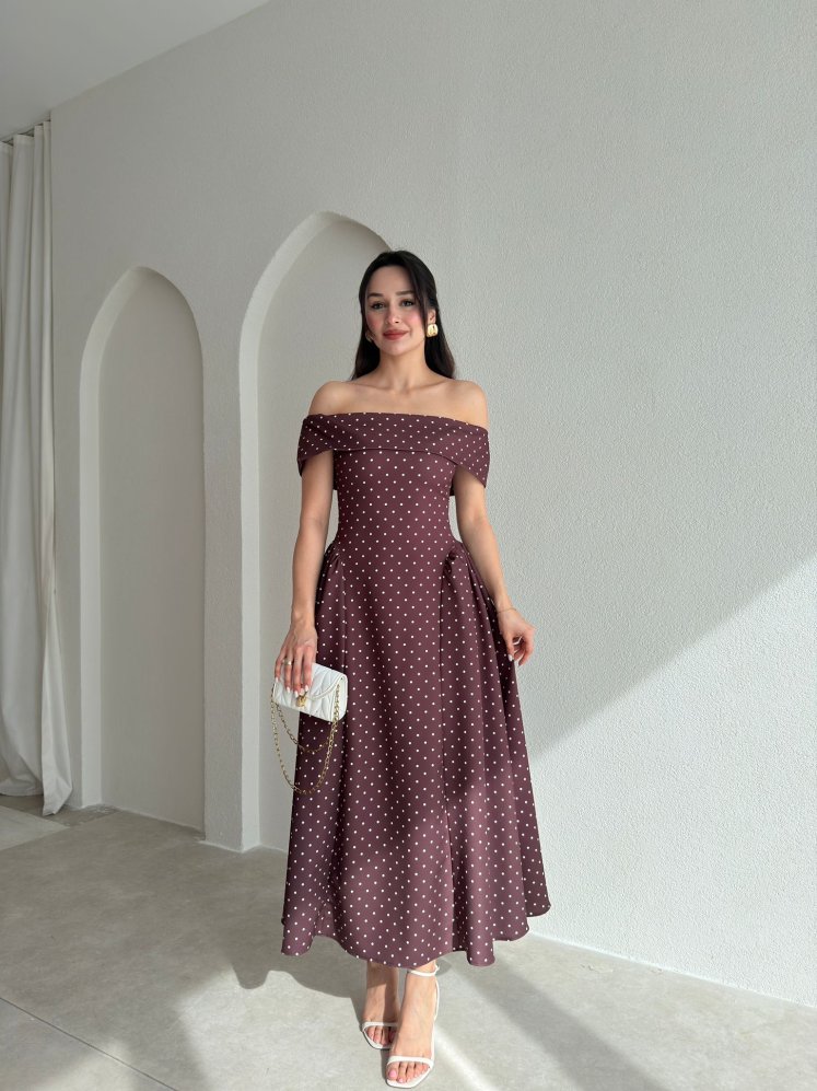 ALAVES Puantiyeli Midi Elbise 8995 - Kahverengi - Mooi Butik