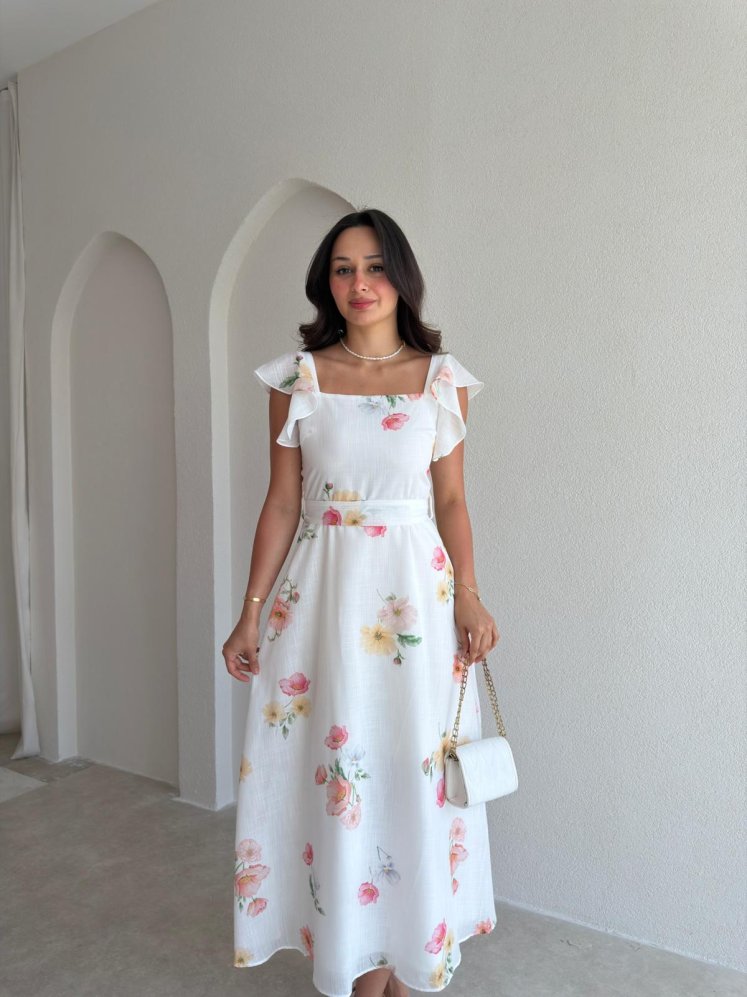 ALBA Çiçekli Midi Elbise 8257 - Beyaz - Mooi Butik