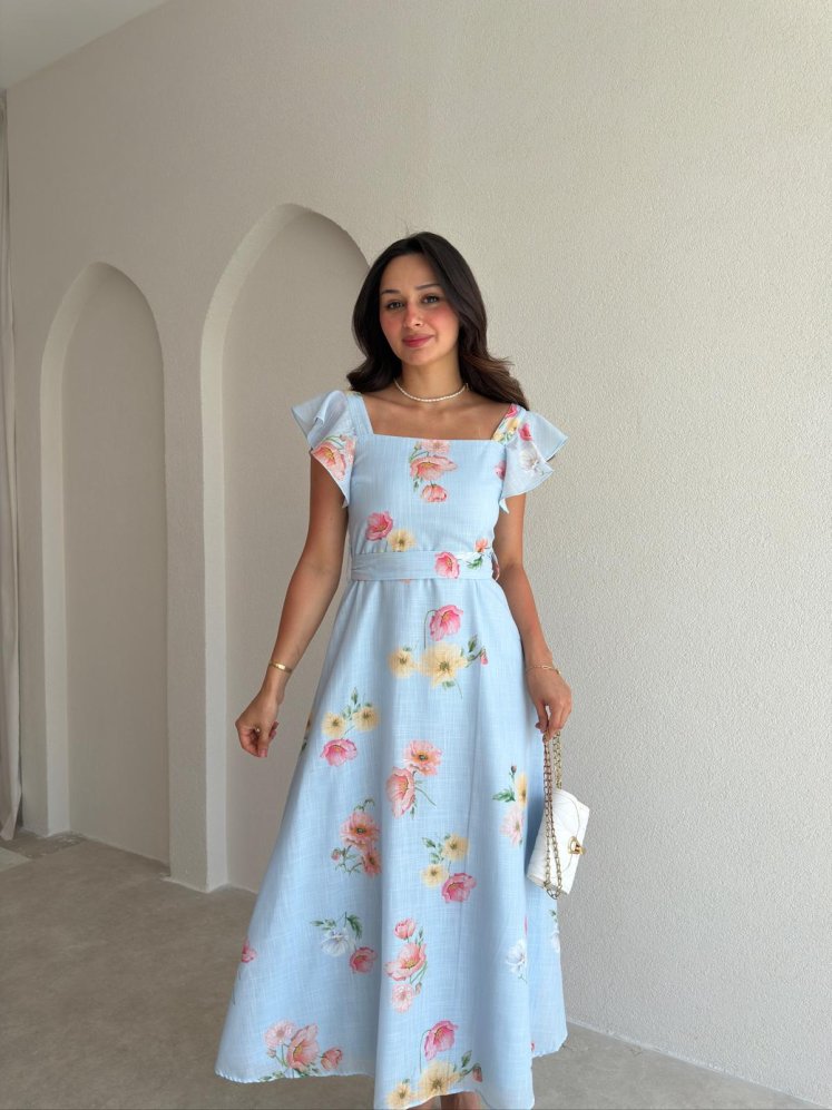 ALBA Çiçekli Midi Elbise 8257 - Mavi - Mooi Butik