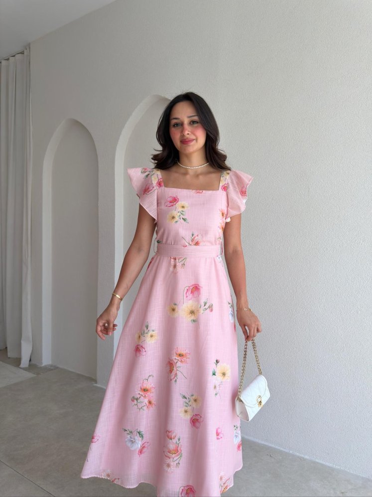  ALBA Çiçekli Midi Elbise 8257 - Pembe - Mooi Butik
