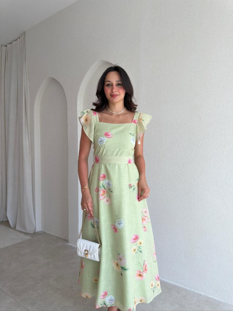 ALBA Çiçekli Midi Elbise 8257 - Yeşil - Mooi Butik