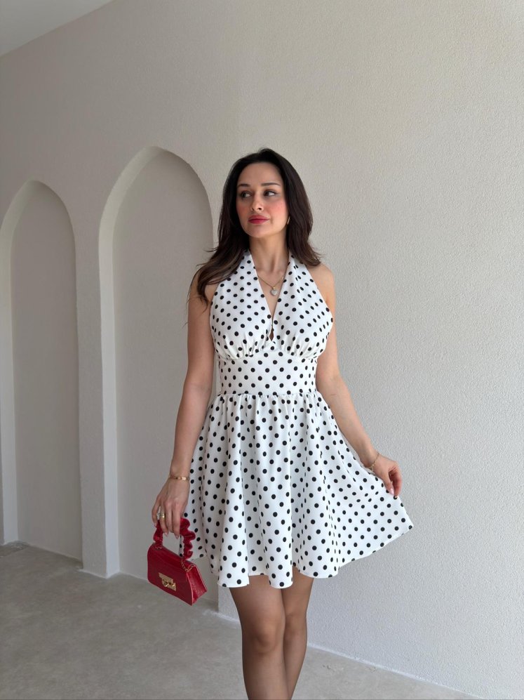 ALİEN Puantiyeli Mini Elbise 1111 - Beyaz - Mooi Butik