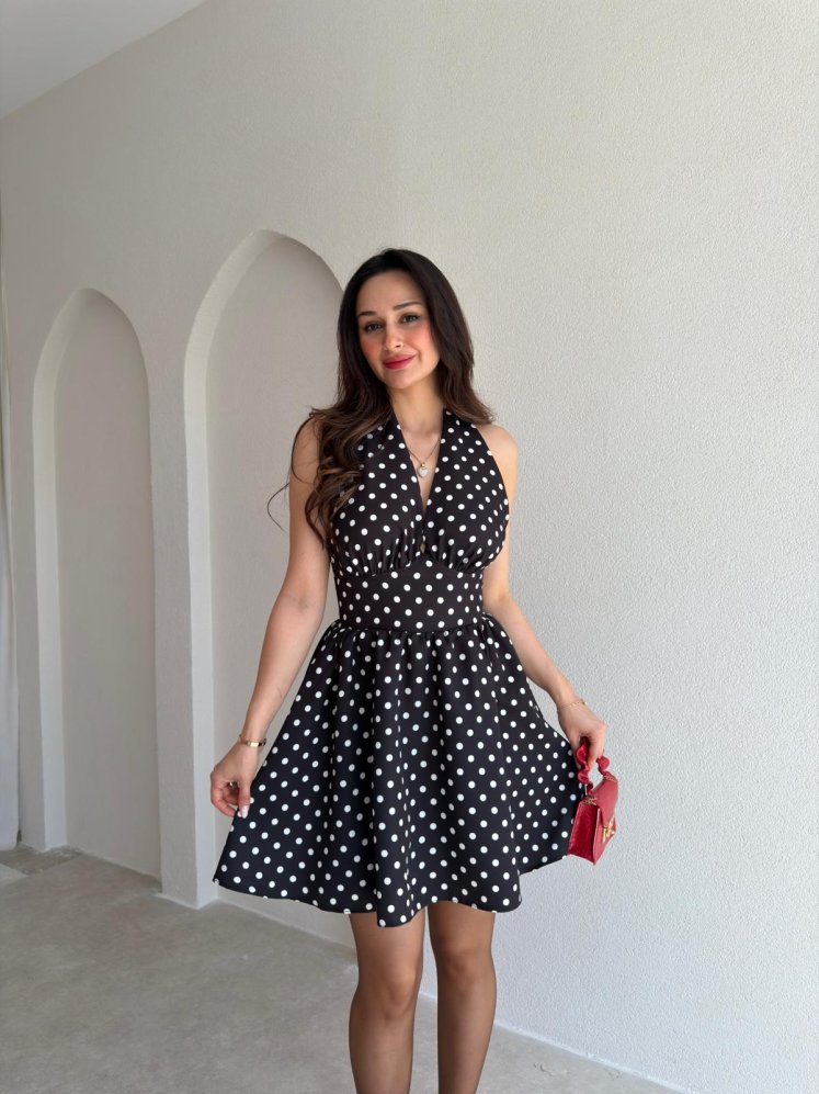 ALİEN Puantiyeli Mini Elbise 1111 - Siyah - Mooi Butik