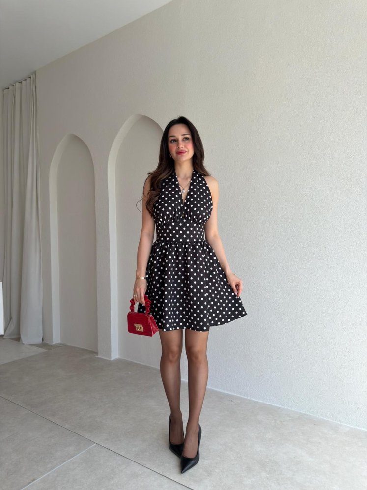 ALİEN Puantiyeli Mini Elbise 1111 - Siyah - Mooi Butik