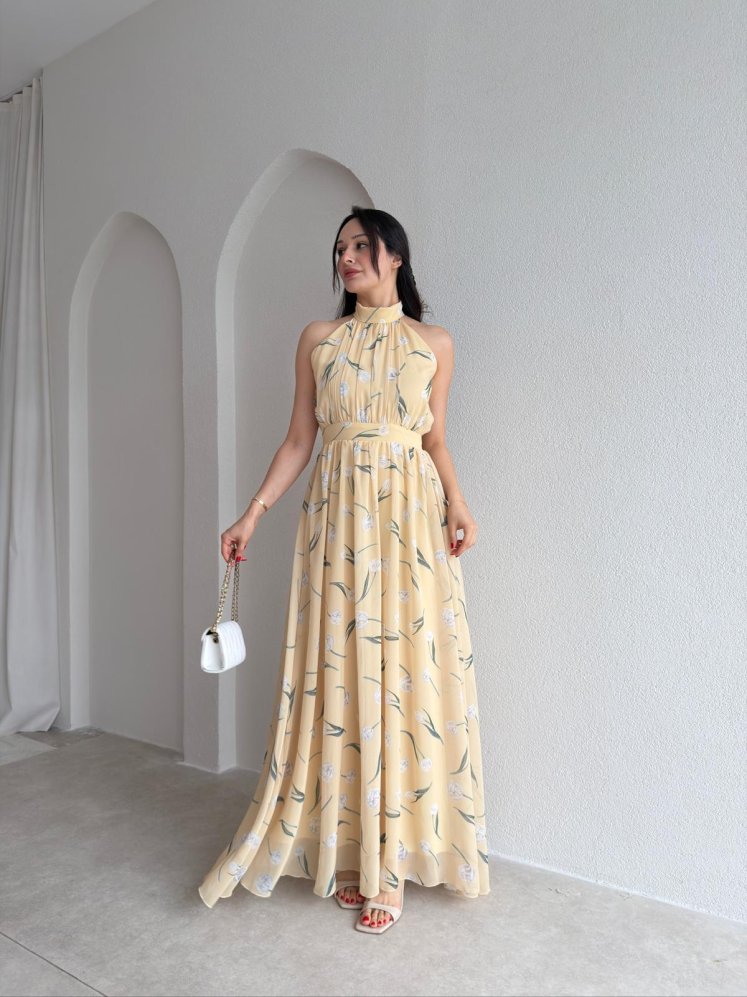 ALMEDA Halter Yaka Çiçekli Elbise 5982 - Sarı - Mooi Butik