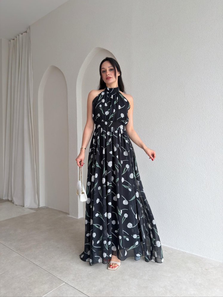 ALMEDA Halter Yaka Çiçekli Elbise 5982 - Siyah - Mooi Butik