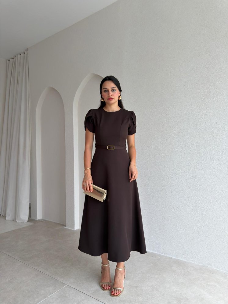 ALORAH Kemerli Midi Elbise 3679 - Acı Kahve - Mooi Butik