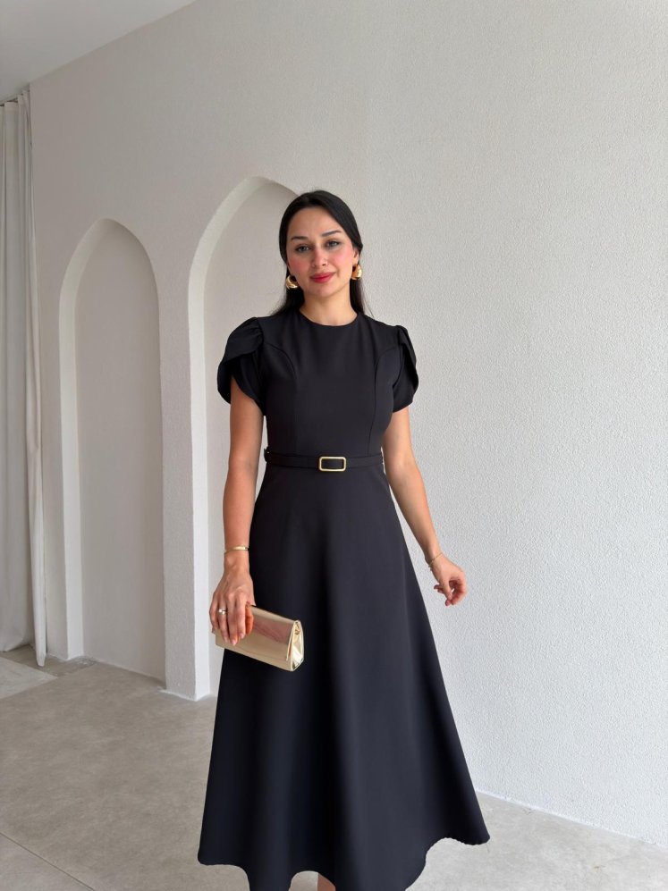 ALORAH Kemerli Midi Elbise 3679 - Siyah - Mooi Butik
