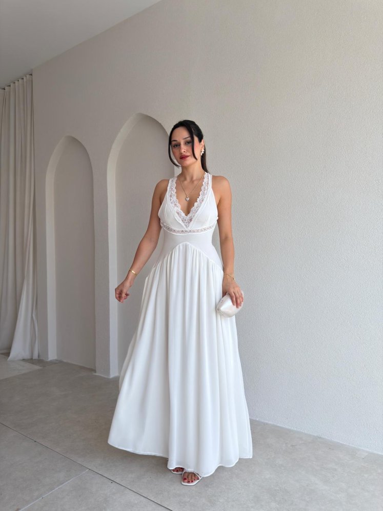 AMORA Dantel Detaylı Maxi Elbise 6894 - Beyaz - Mooi Butik
