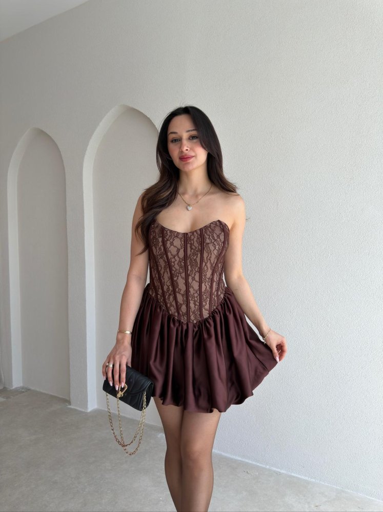 ANDREAS Korseli Mini Elbise 1040 - Acı Kahve - Mooi Butik