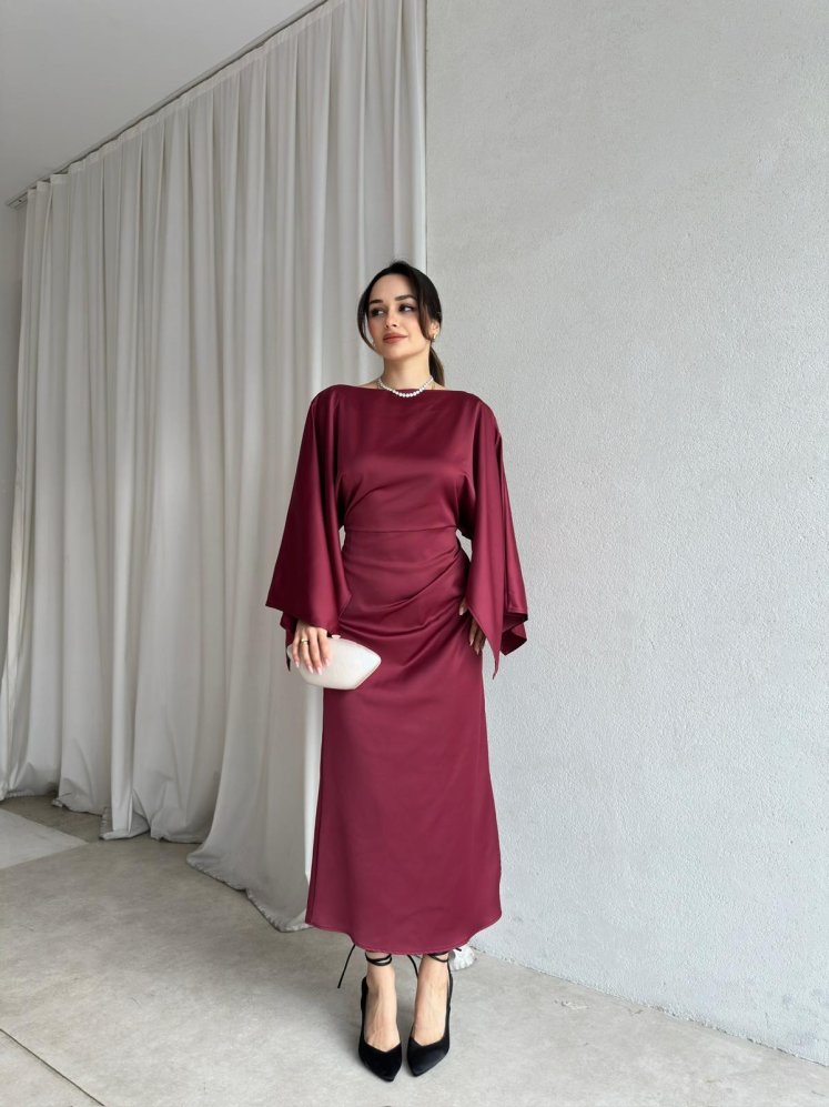 APEROL Saten Midi Elbise 8306 - Bordo - Mooi Butik