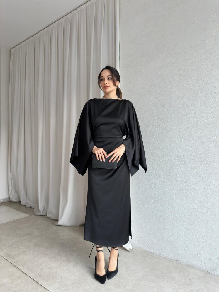 APEROL Saten Midi Elbise 8306 - Siyah - Mooi Butik
