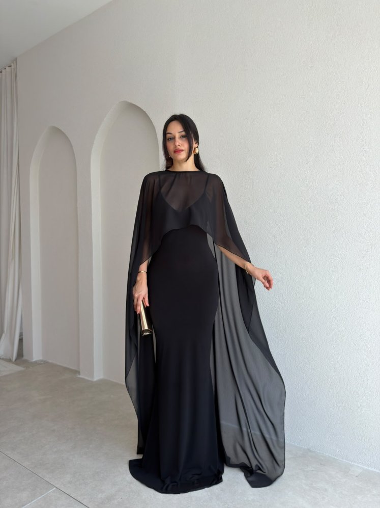 APRİL Pelerinli Maxi Elbise 3258 - Siyah - Mooi Butik